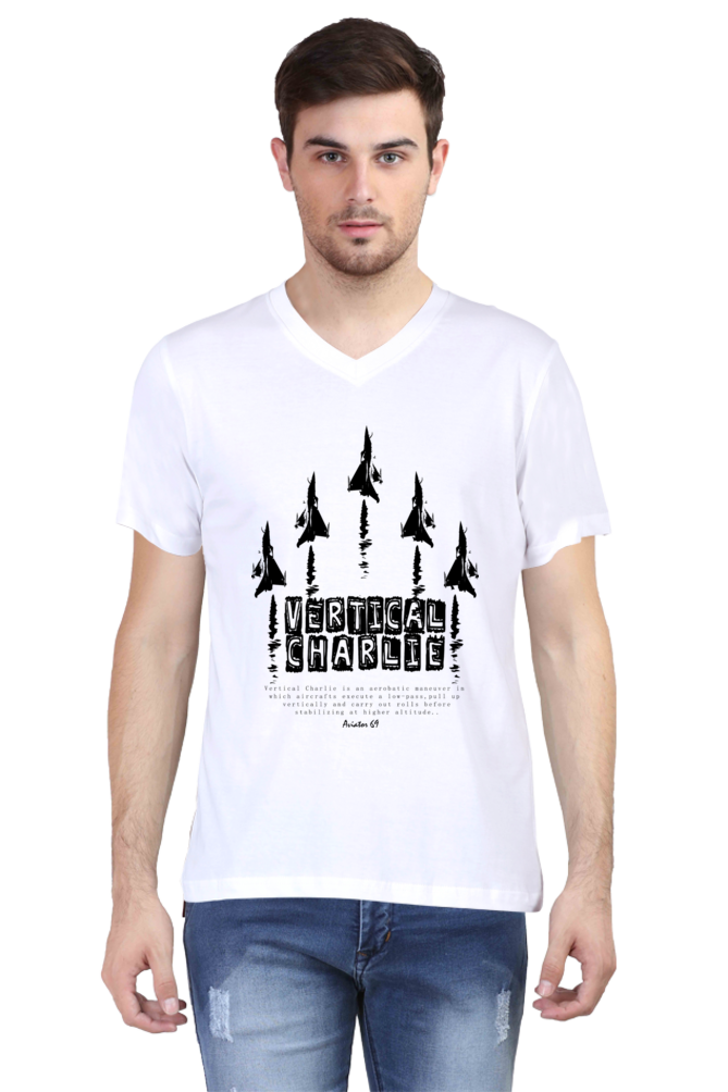 Aviator 69 – Vertical Charlie – V Neck T-Shirt – White | Grey