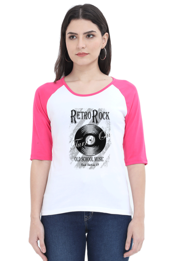 Raglan T-Shirt - Retro Rock - Pink - White