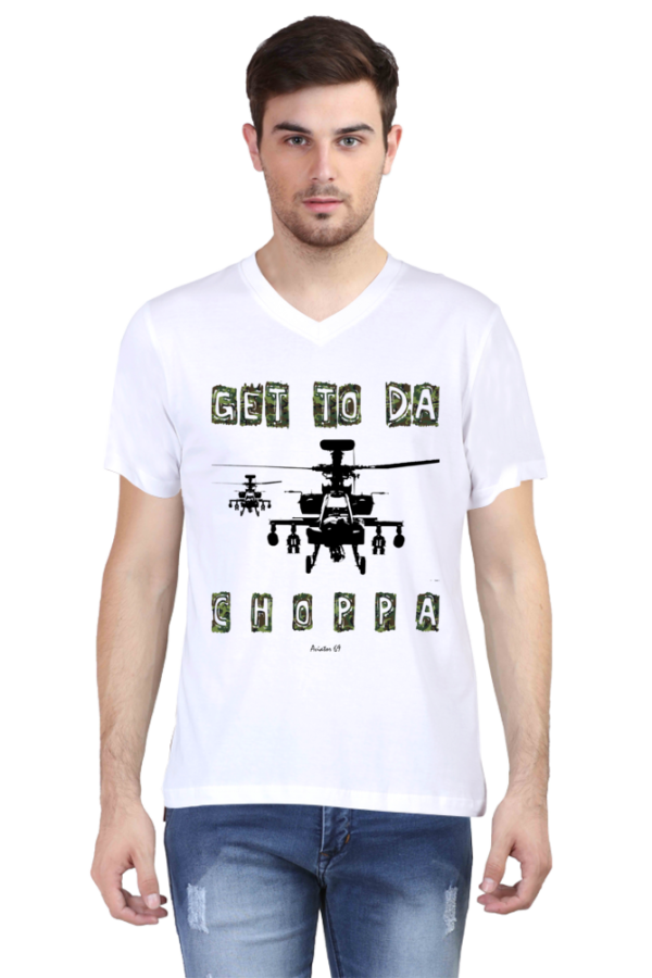 Aviator 69 – Get To The Choppa – V Neck T-Shirt – White | Grey Melange