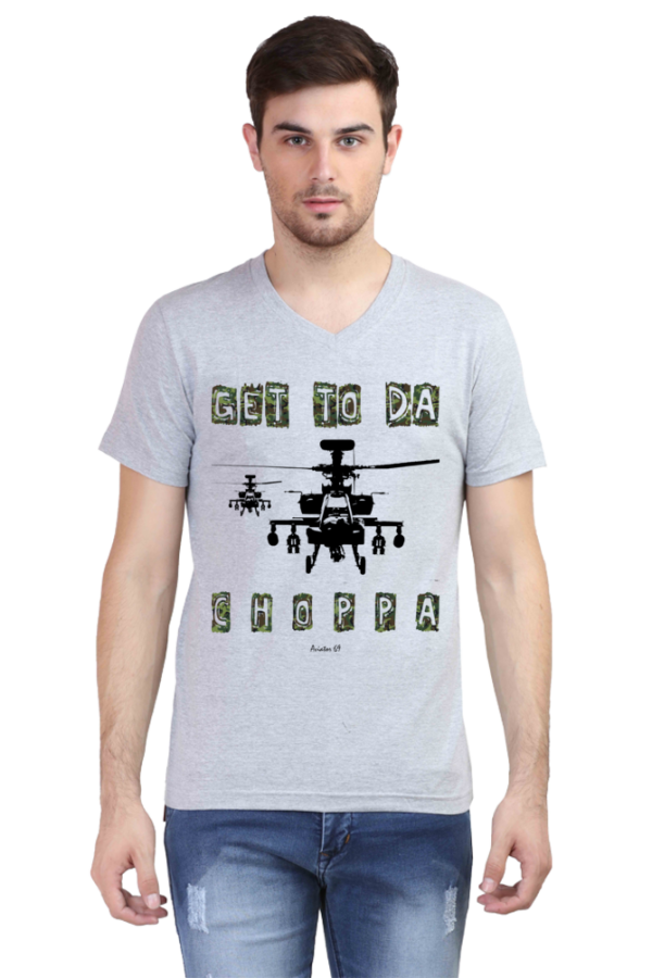 Aviator 69 – Get To The Choppa – V Neck T-Shirt – White | Grey Melange - Image 2