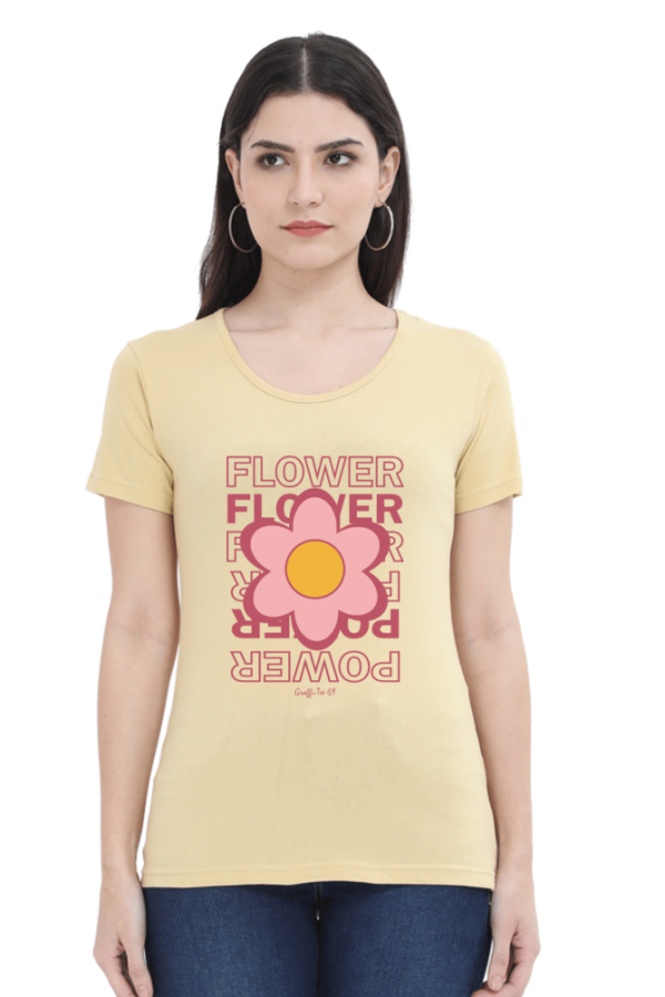 Womens Round Neck T-Shirt - Flower Power - Beige
