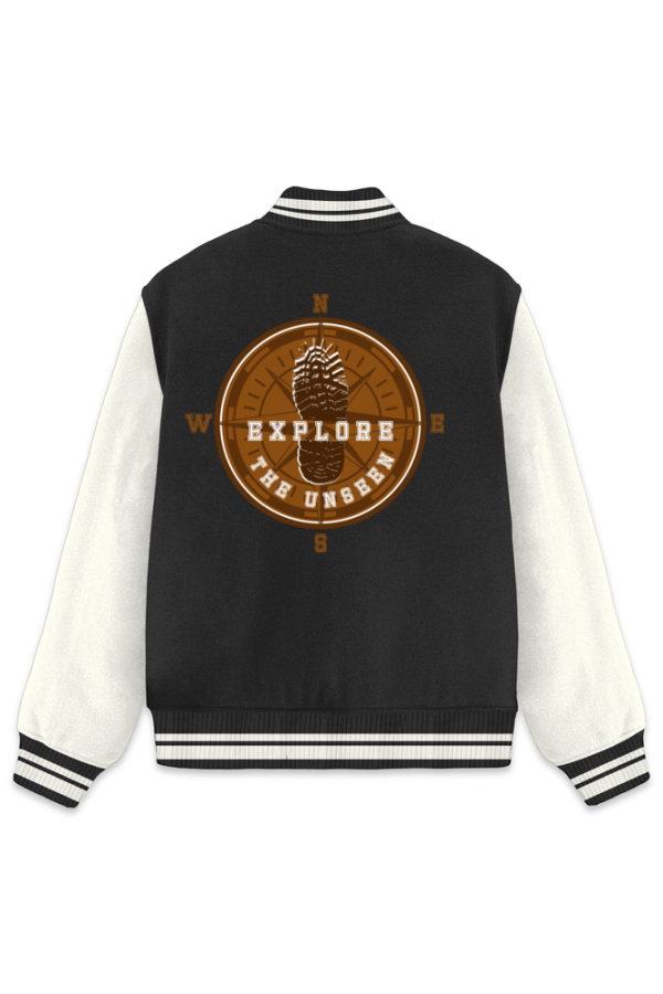Wanderlust 69- Explore the Unseen - Unisex Varsity Jacket - Image 3