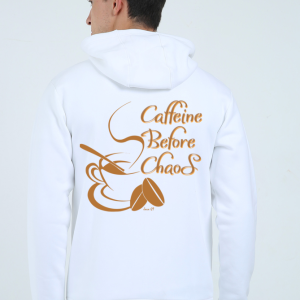 zipped hoodie - java 69 - caffine before chaos - back - white