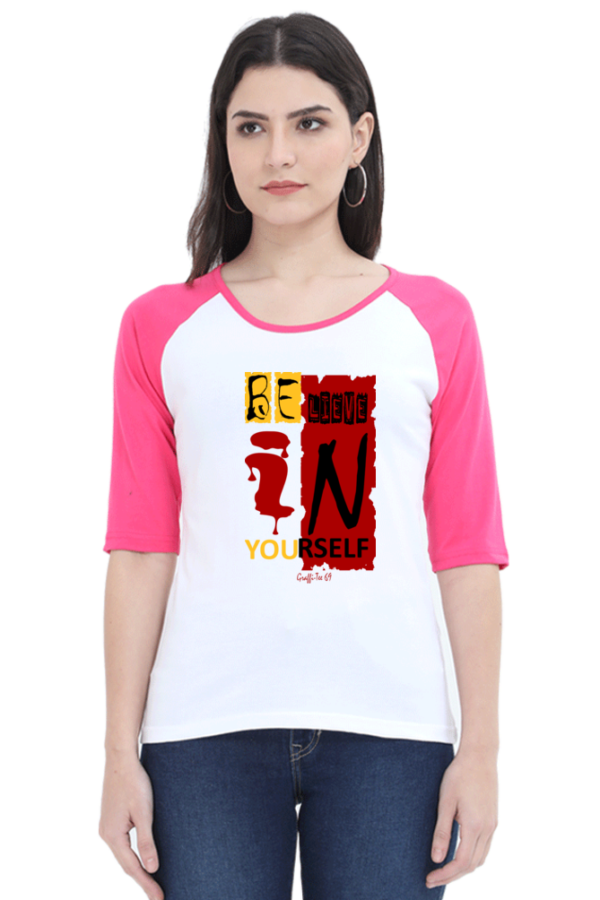 Raglan T-Shirt - 3/4 Sleeve - Believe In Yourself - White/Pink