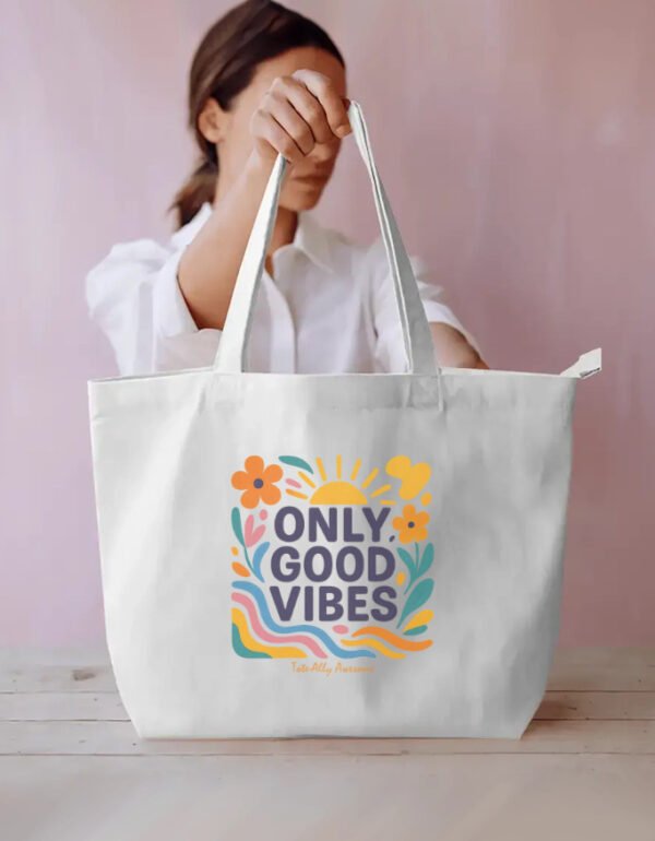 Dual Compartment Tote Bag - Good Vibes - White