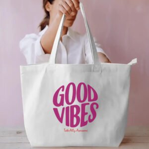 Dual Compartment Tote Bag - Good Vibes - White