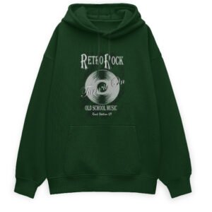 Oversized Pullover Hoodie - Retro Rock - Bottle Green